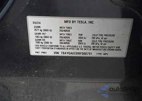 2024 Tesla Model Y Long Range Dual Motor All-Wheel Drive from USA, damaged, VIN 7SAYGAEE8RF088791